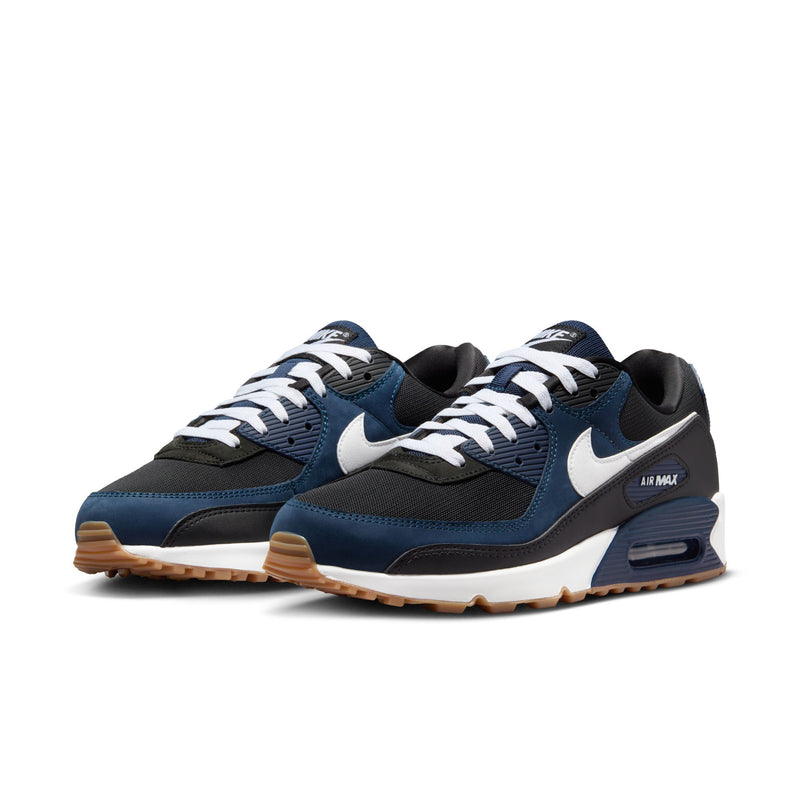 Men's Nike Air Max 90 sneakers, navy/black with white laces and tan gum outsole
