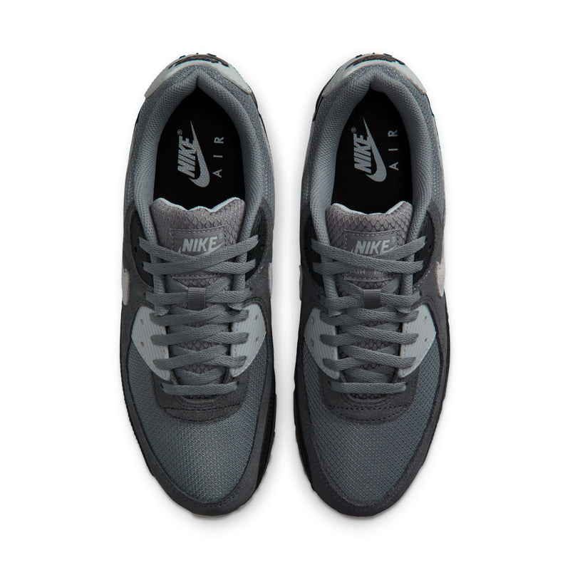 Men's Nike Air Max 90 shoes, front view with gray laces and Nike logo on tongue