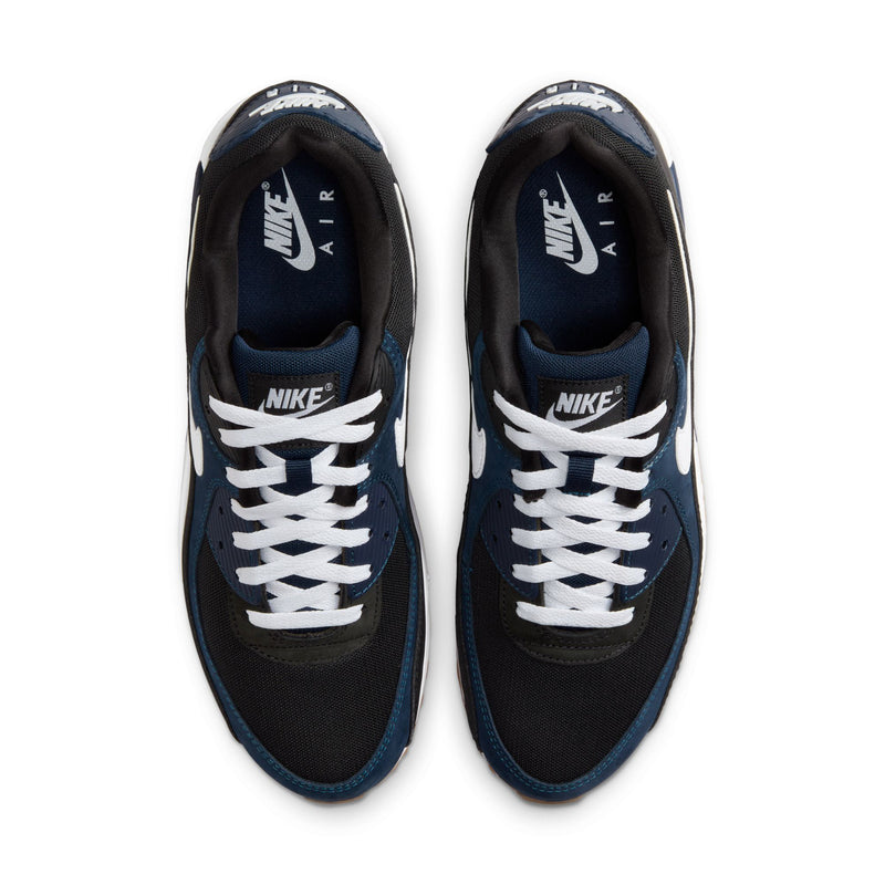 Men's Nike Air Max 90 sneakers, navy and black uppers with white lace detail