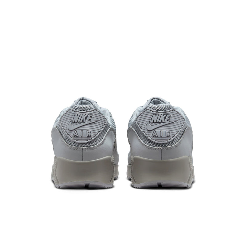 Men's light gray Air Max 90 heel sneakers, rear view with Nike Air branding