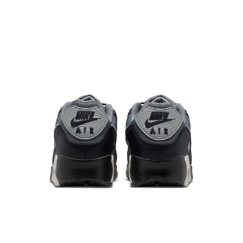 Men's Nike Air Max 90 shoes, heel view showing Nike Air branding and black back panels