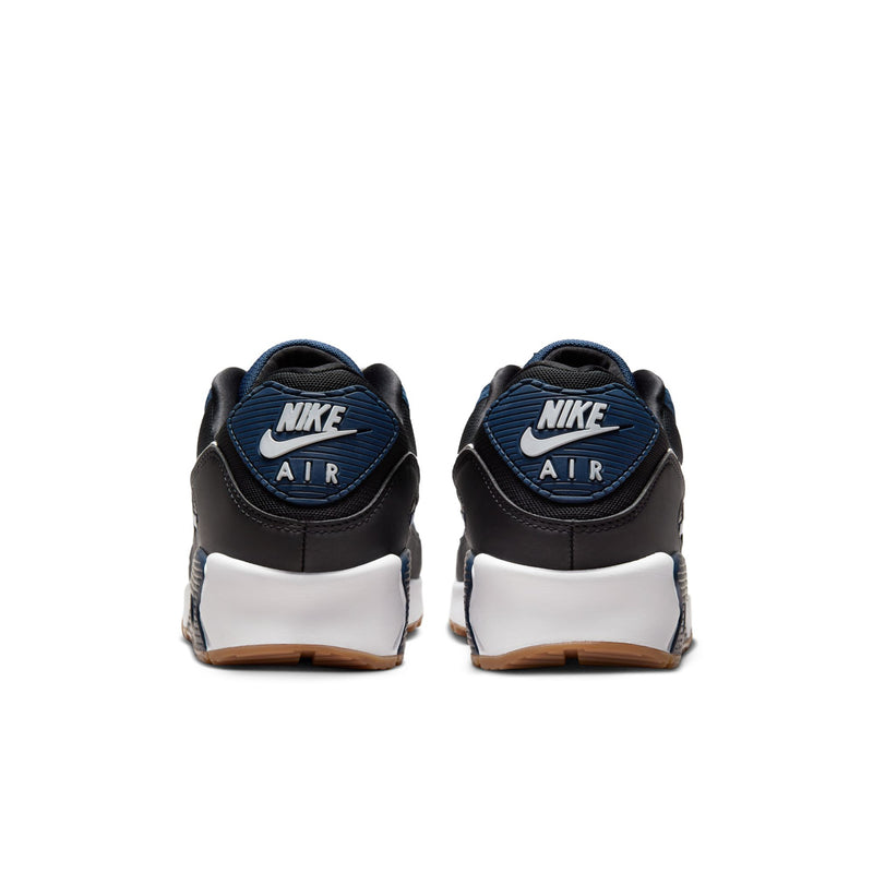 Men's Nike Air Max 90 sneakers, rear view with blue heel tab and white midsole section