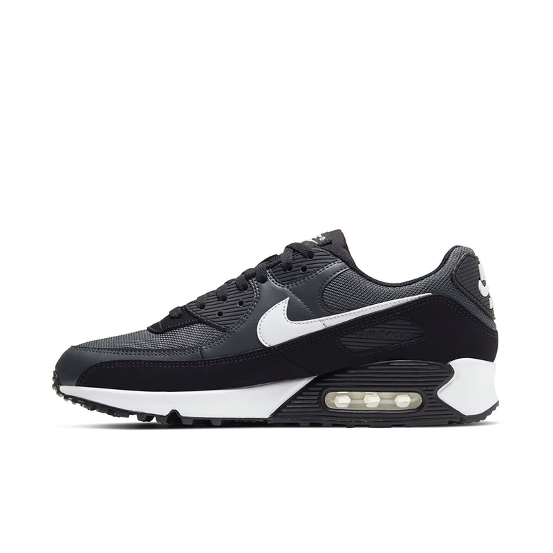 Air Max 90 low sneakers in black and gray with white swoosh and air window