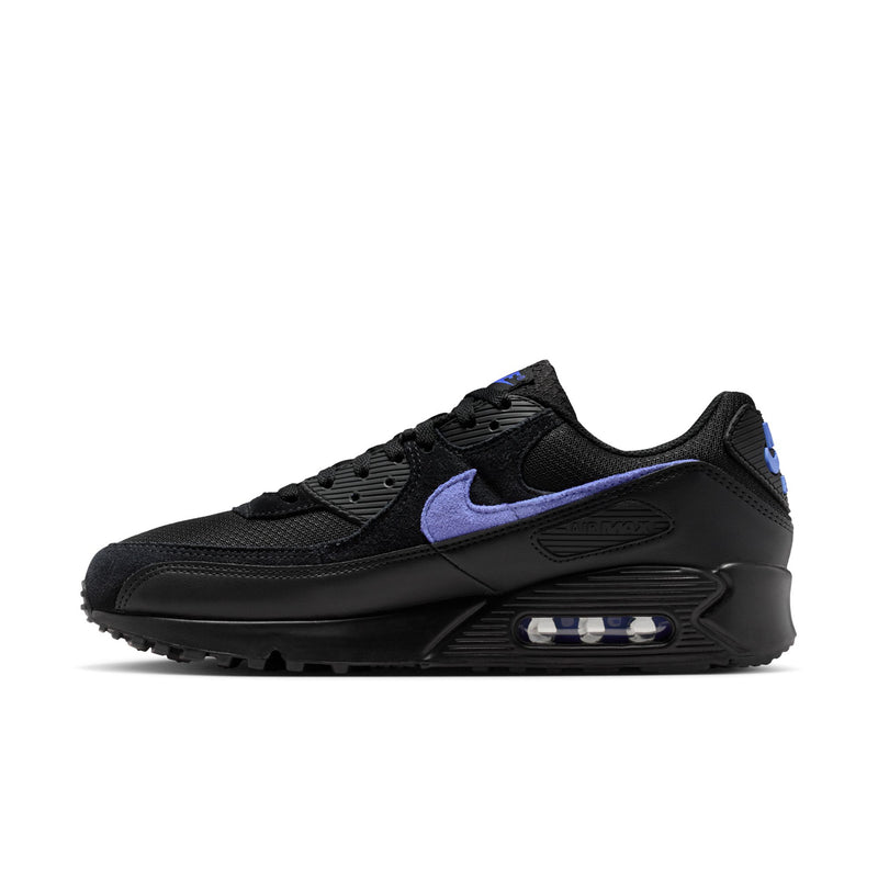Men's black lace-up sneakers with blue swoosh and side air window detail