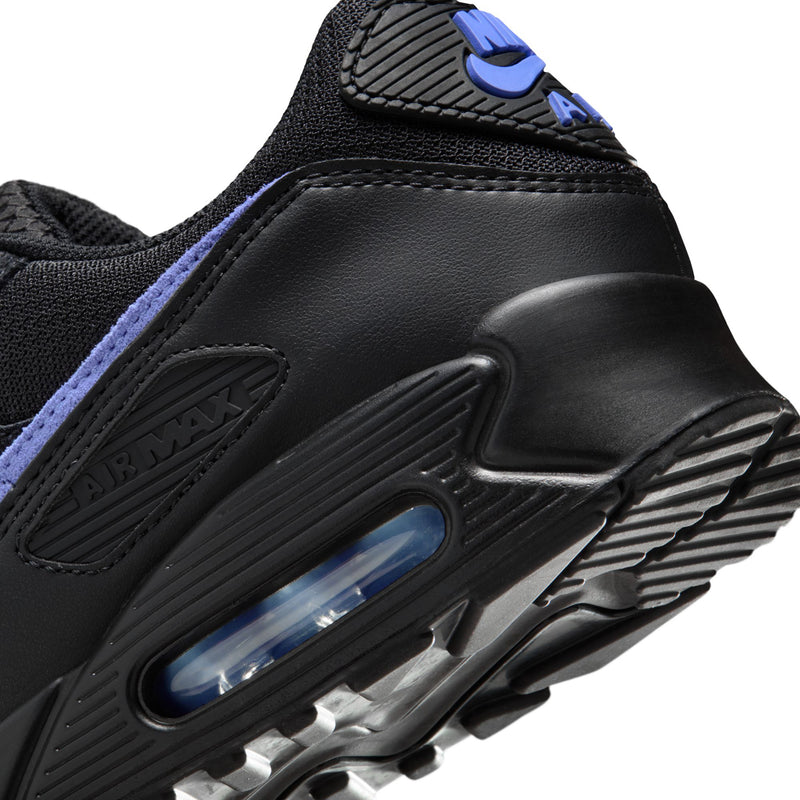 Close-up of black midsole with blue air window and Air Max logo text