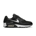 Women's Air Max 90 sneaker pair, black upper with white swoosh and cushioned air window.