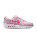 Women's pink Air Max 90-style running shoe with pink swoosh and white air-cushion sole