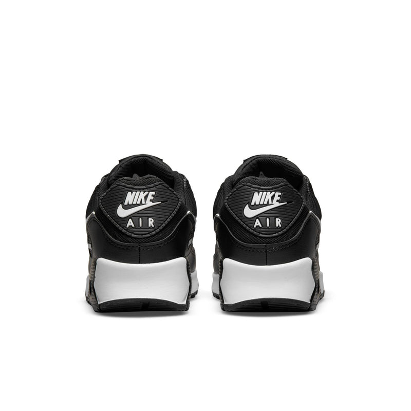 Women's Air Max 90 sneaker pair, back view with NIKE AIR text and white heel accents.