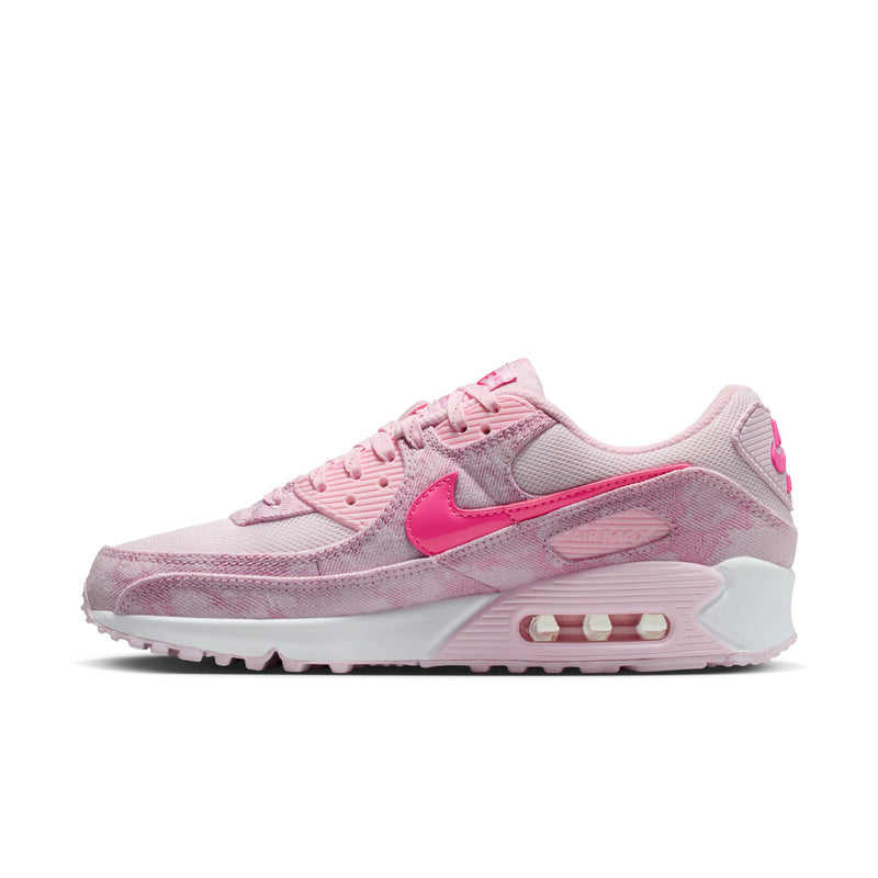 Pink Air Max 90-style running shoe with lace-up closure, swoosh logo, and air unit sole