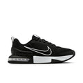 Men's black training sneaker with white swoosh and Air Max heel unit