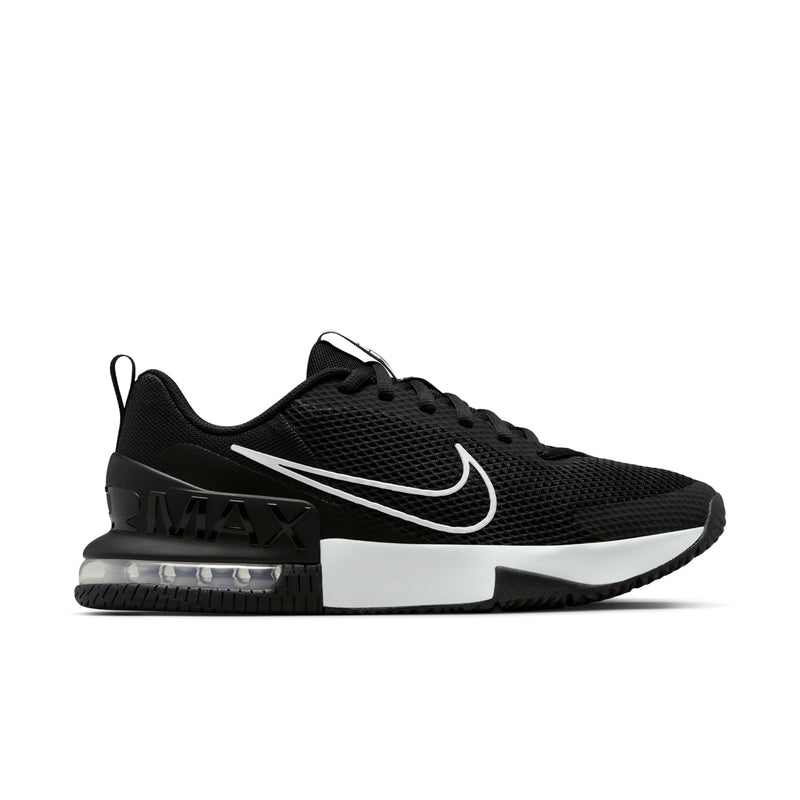 Men's black training sneaker with white swoosh and Air Max heel unit