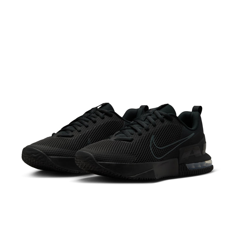 Black mesh men’s training shoes with dark upper, swoosh detail, and blue air sole