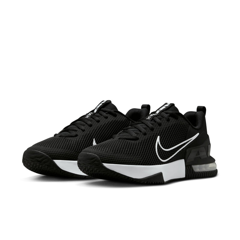 Men's black and white training shoes with dual swooshes and cushioned sole