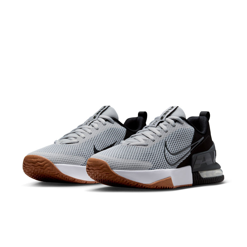 Men's light gray Air Max trainers with black heel accents and gum brown outsole
