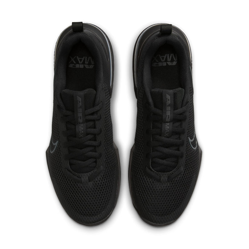 Black mesh men’s training shoes with lace-up closure and padded tongue and collar
