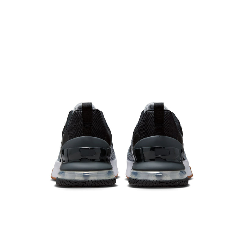 Men's Air Max trainers with black heel and gray upper; visible air unit in sole