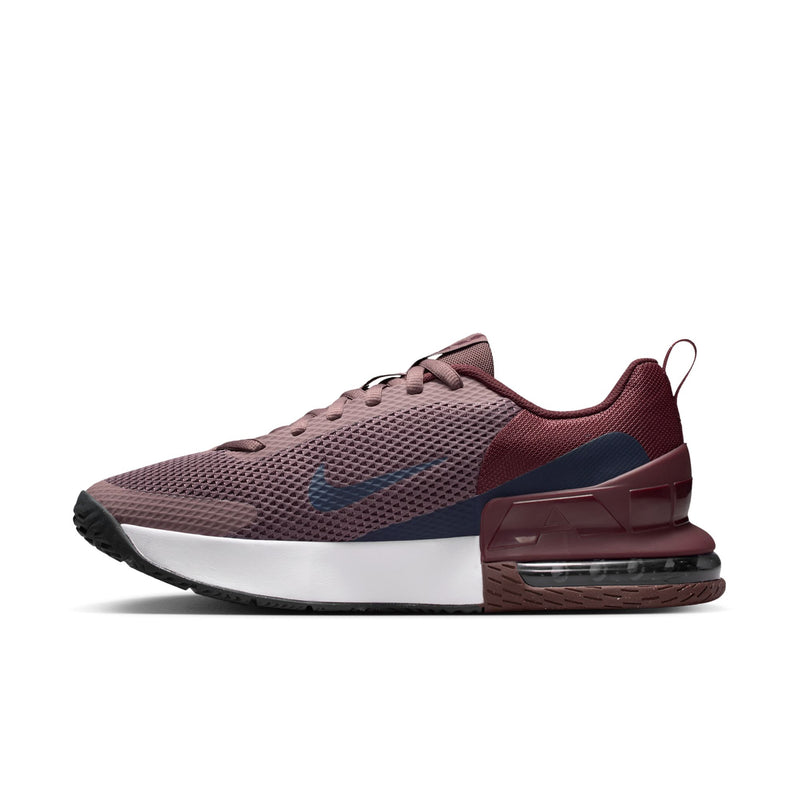Men's burgundy and navy lace-up trainer with cushioned heel and Air Max unit.