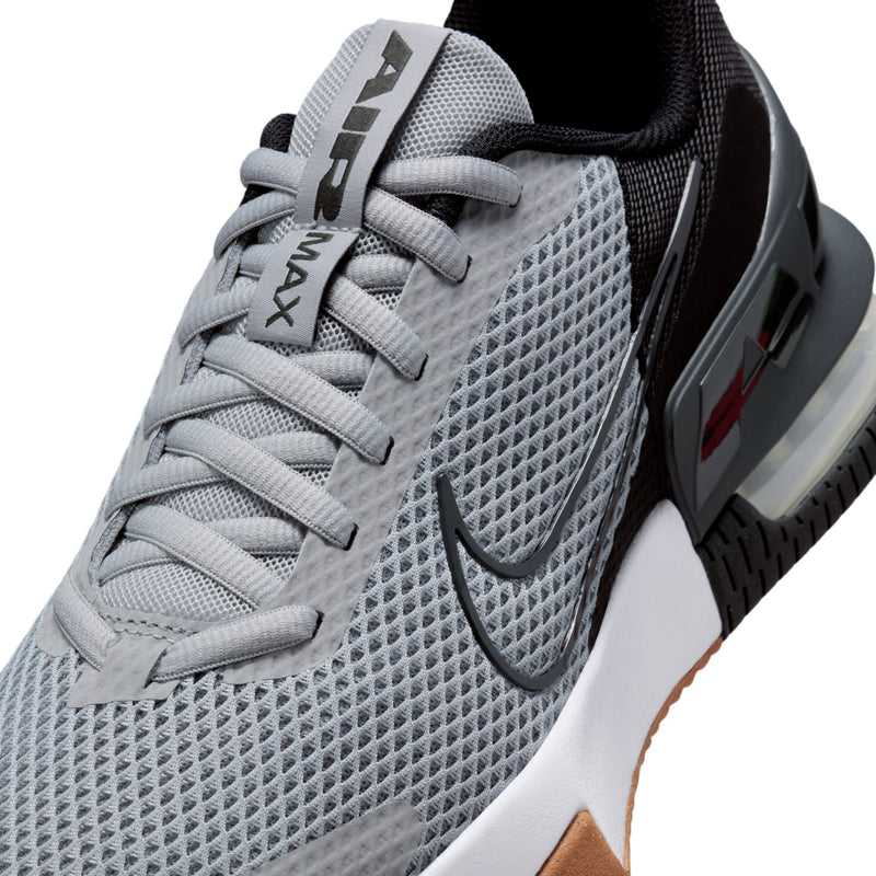 Close-up of men's light gray mesh upper with white laces and black logo tab