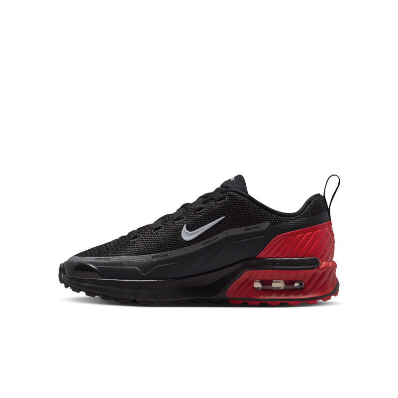 Youth sneakers, black mesh with red midfoot panel, air-cushioned sole and white swoosh