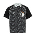 Men's black bowler shirt with patterned front graphic and button collar