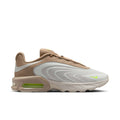 Men's tan and gray running sneakers with neon green Air window, lace-up design