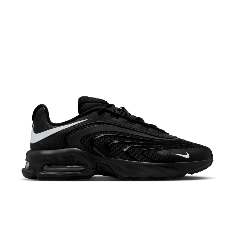 Men's black running sneaker with white Swoosh and visible Air cushioning sole