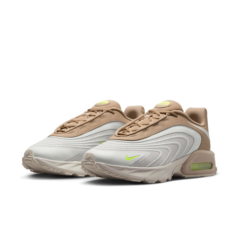 Men's running sneakers, tan uppers with light gray overlays and neon green Air unit