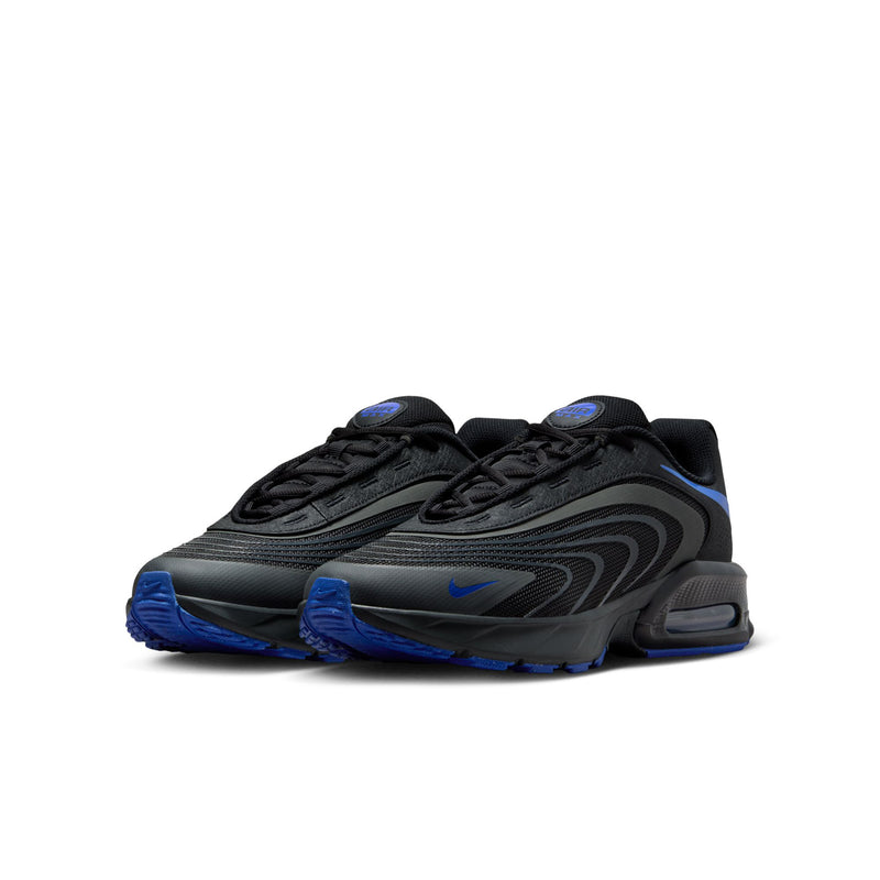 Air Max running sneakers, black and blue, side view with padded collar