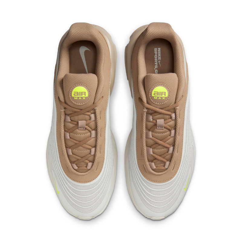 Pair of men's lace-up sneakers in tan and off-white with 'Air Max' logo on tongue