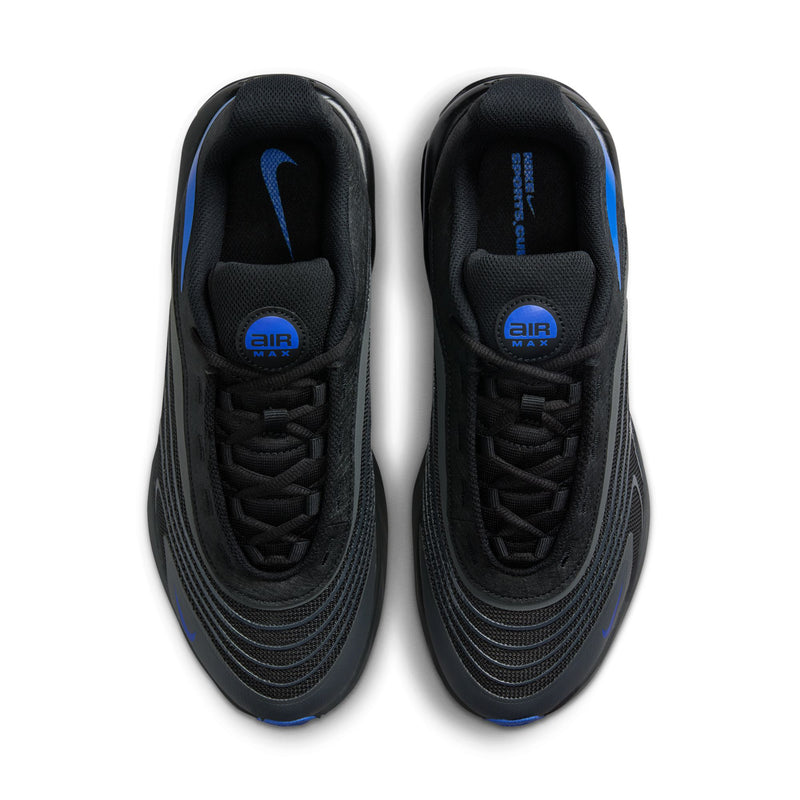 Air Max running sneakers, black uppers with lace-up front and blue heel branding