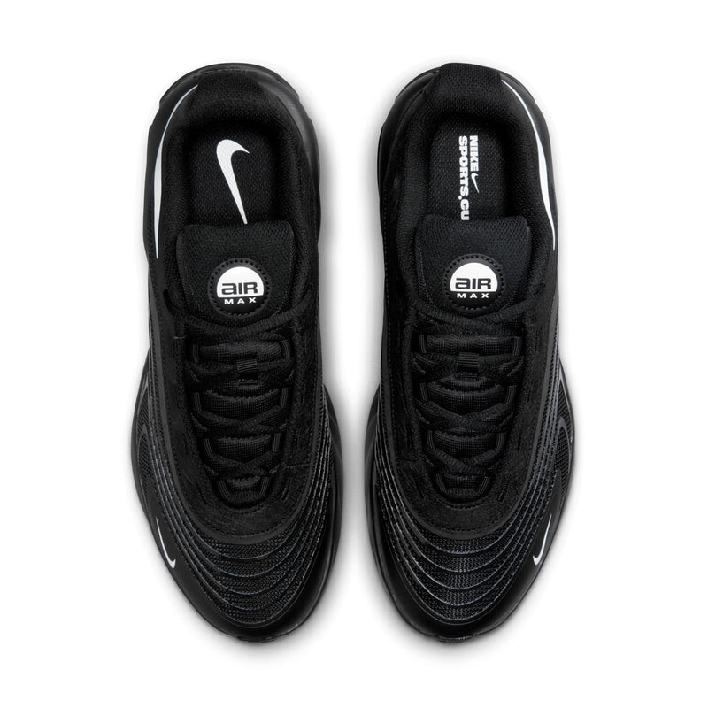 Men's black Air Max sneakers, top view showing Air Max tongue badges