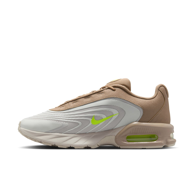 Men's tan and gray running sneakers with neon green Air window and side graphic