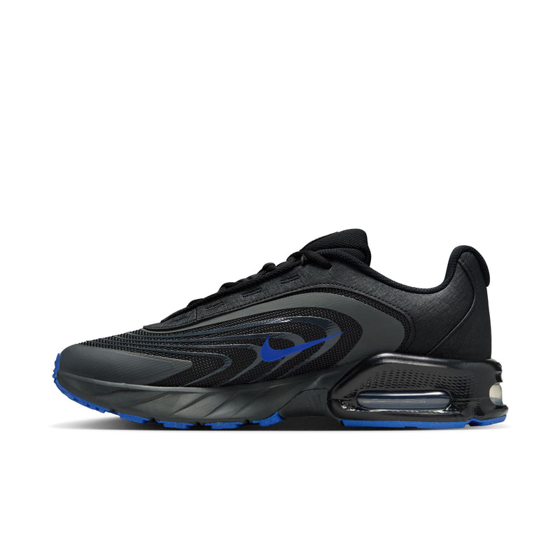 Air Max running sneakers, black upper with blue swoosh and rear air unit