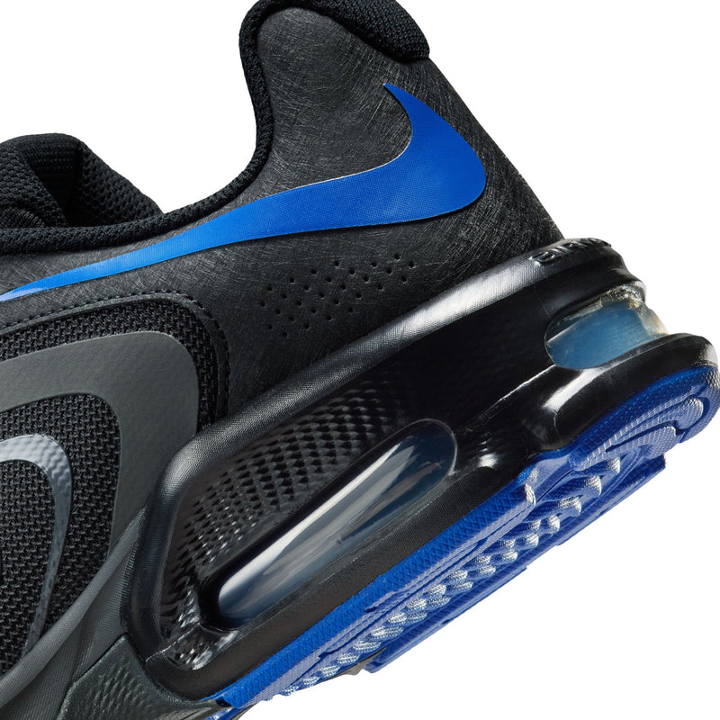 Air Max running sneakers close-up, blue swoosh and clear air window at heel