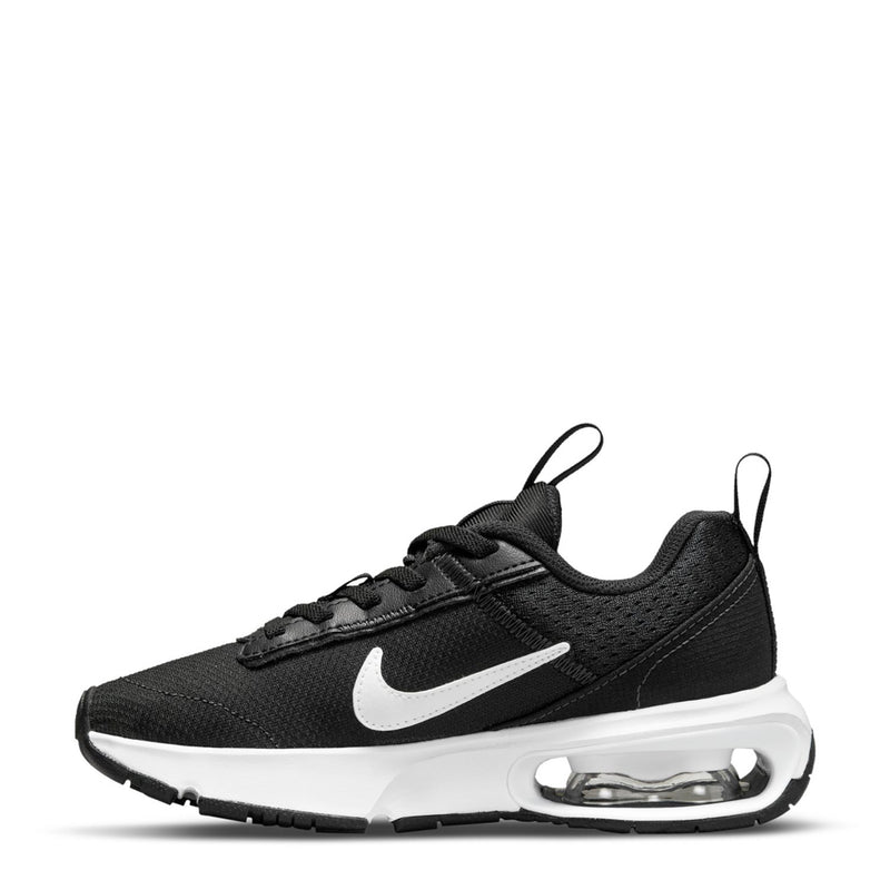 Kids' black Nike sneakers with white swoosh and side air unit on sole