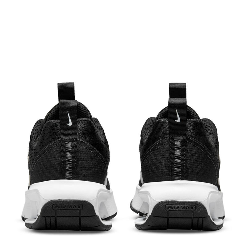 Kids' black Nike Air Max sneakers, rear view with white midsoles and J logo