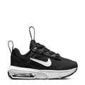 Black toddler sneakers with white Nike swoosh and visible Air Max cushioning in sole