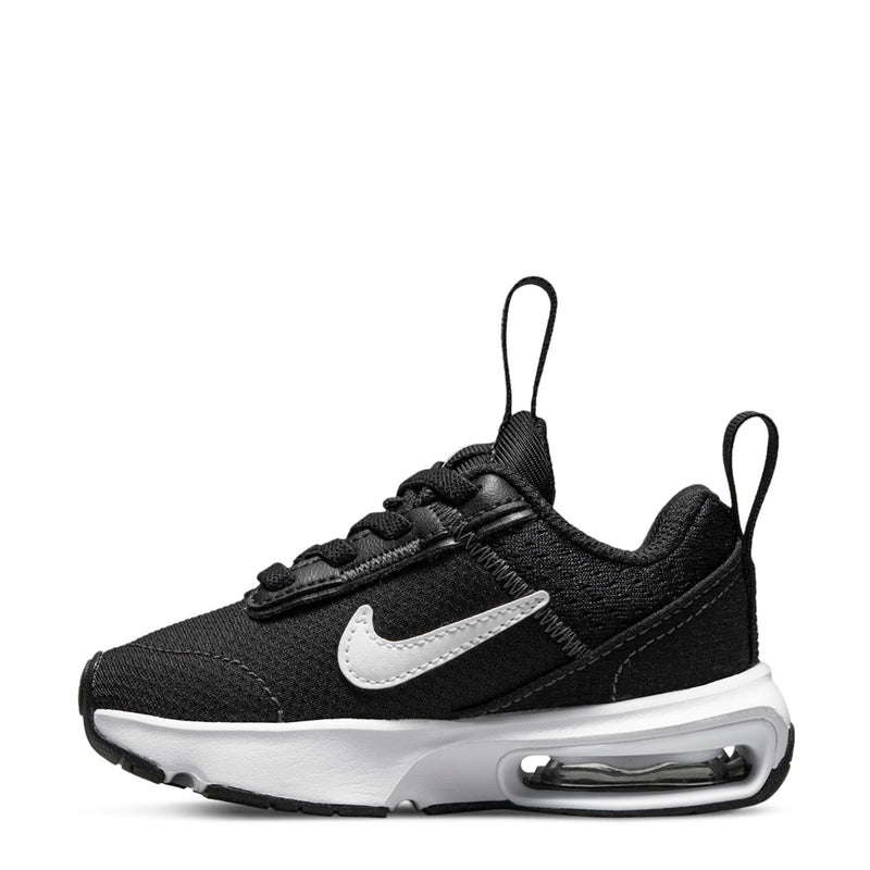 Black toddler sneakers, front view, white swoosh and Air Max window with white midsole