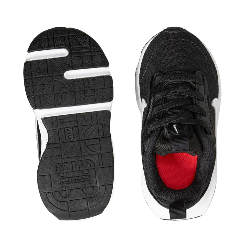 Black toddler sneakers, outsole and inside view with red lining and white midsole
