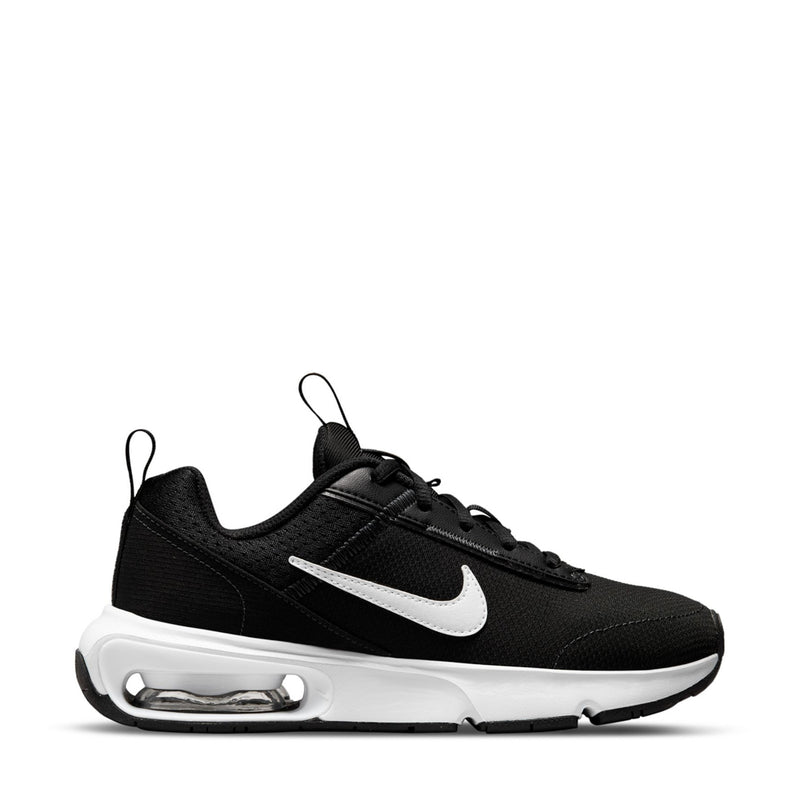 Youth Nike Air Max sneaker in black with white swoosh and visible Air unit