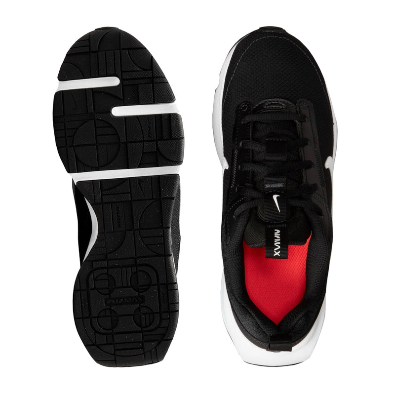 Youth Nike Air Max sneaker soles and interior view, black tread with white accents and red label