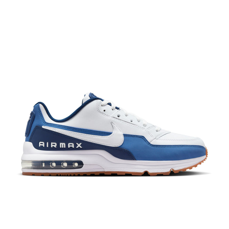 Men's sneakers with white leather upper, blue overlays, Air window, and gum outsole