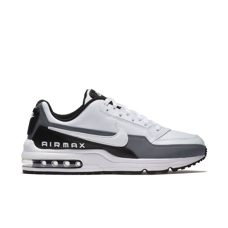 Men's Air Max sneaker, white with black/grey; swoosh and clear Air window