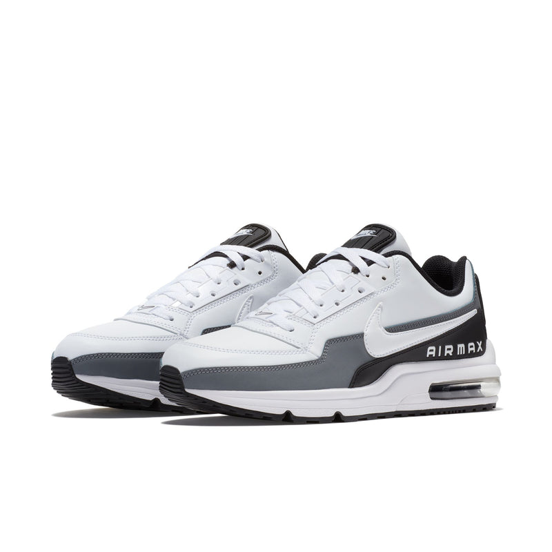 Men's Air Max sneaker pair, white with black/grey; lateral side with swoosh and Air