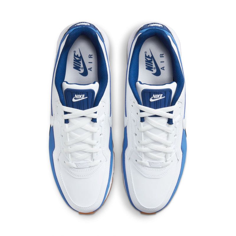 Men's white sneakers with blue trim, lace-up front, and Nike logo on tongue