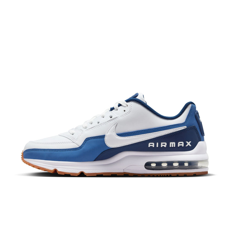 Men's white and blue sneakers with swoosh, AIR MAX text, and air-cushioned sole
