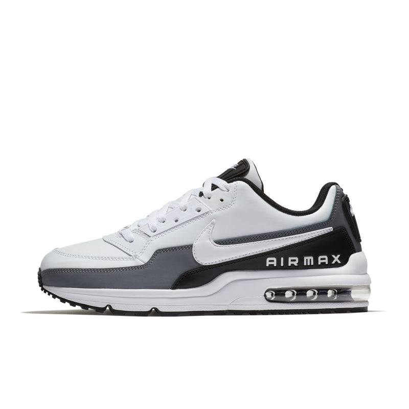 Men's Air Max sneaker side, white with black/grey; swoosh and clear Air window