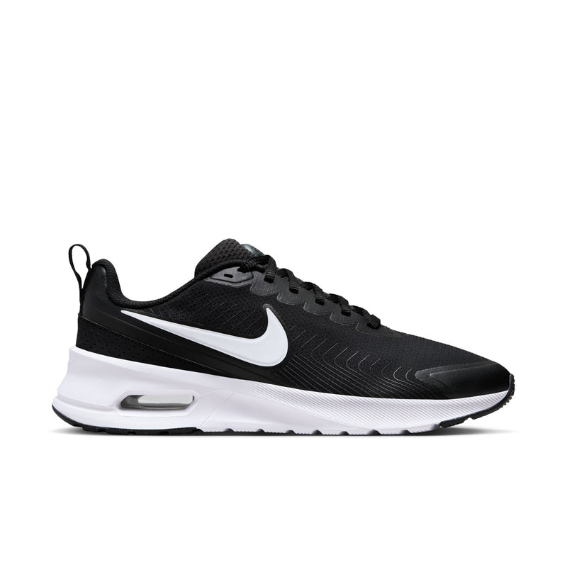 Men's Air Max NuAxis sneakers, black upper with white swoosh and white midsole.