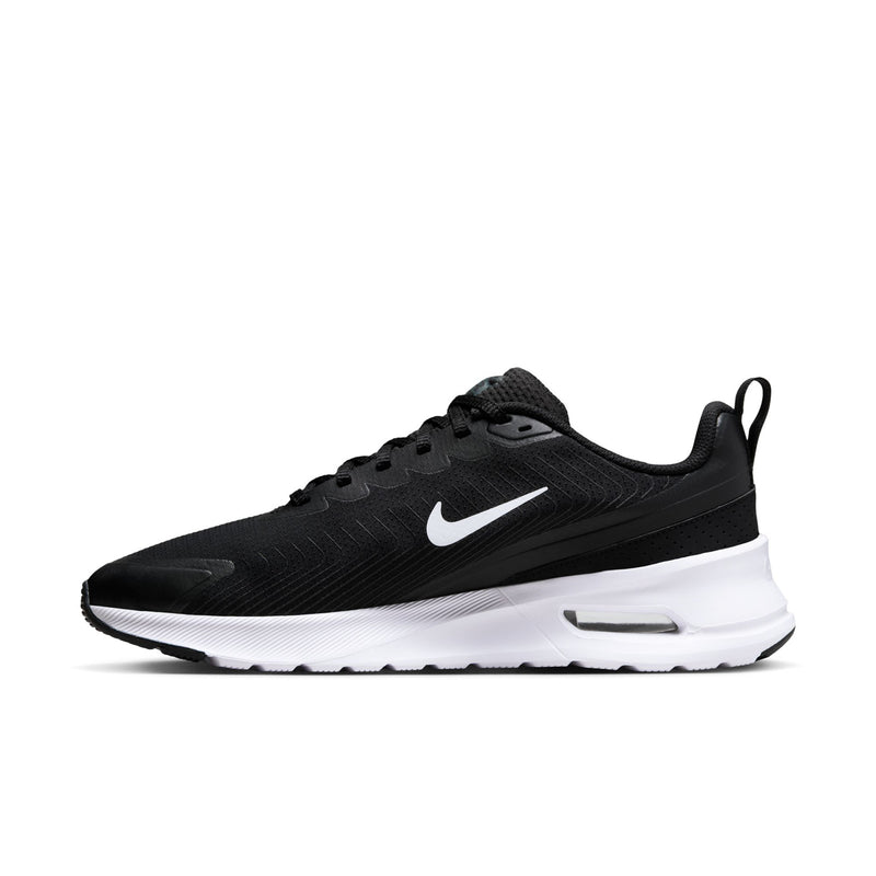Men's Air Max NuAxis sneakers, black mesh with white swoosh and white midsole.