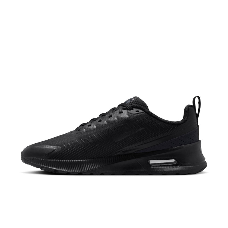 Men's Air Max NuAxis black running shoes, angled side profile with cushioned sole